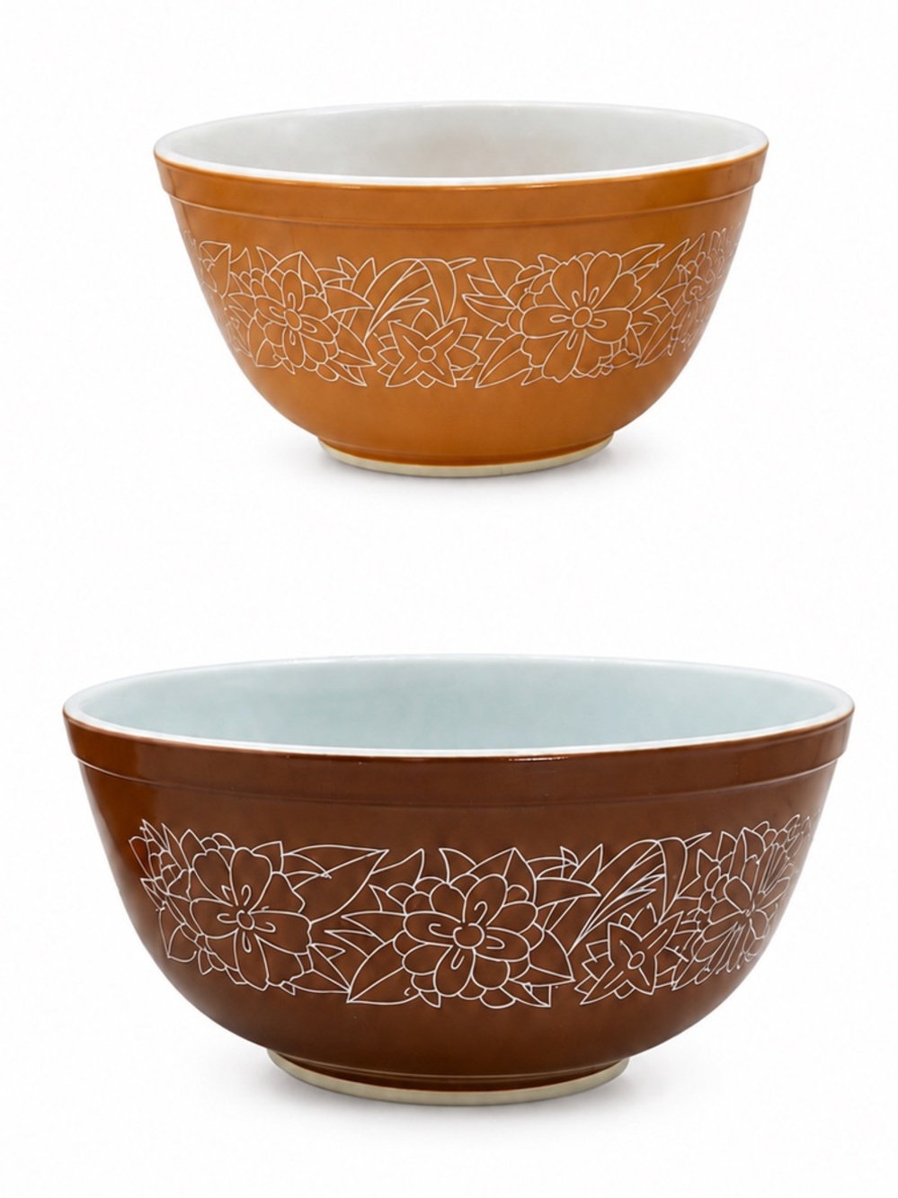 Vintage Pyrex 70s Woodland Mixing Bowl Set Brown White Tan Floral